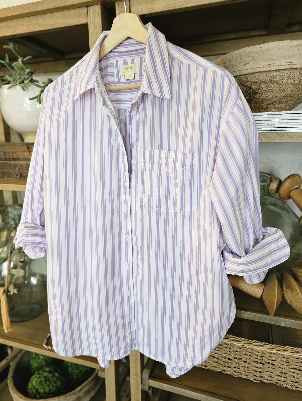 Anthropologie Maeve Bennett Button Down White Lavender Stripe Cotton Poplin